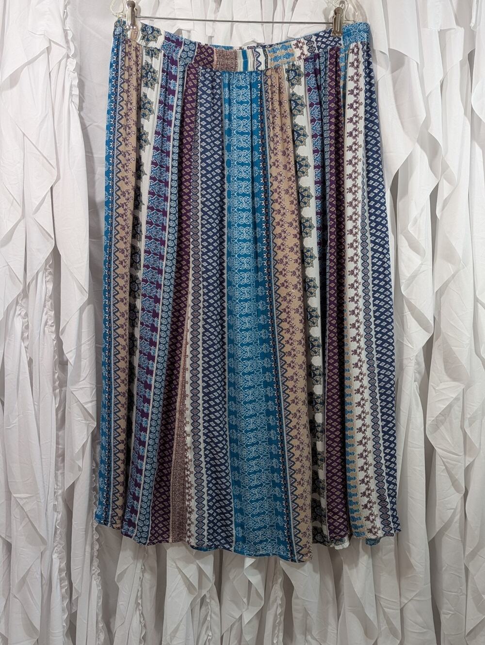 VTG Anthony Richards Boho Maxi Skirt XL Blue White Rayon Artsy Floral Tiered